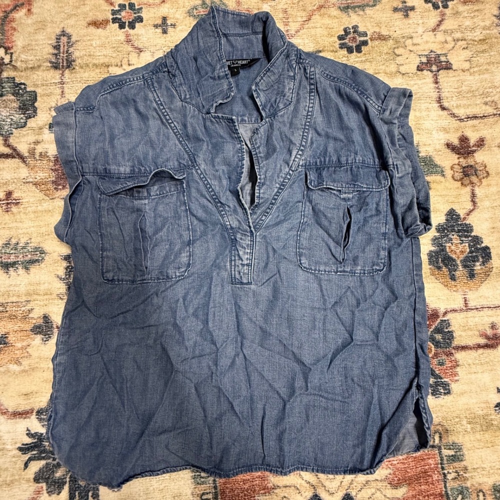Velvet Heart Denim Shirt Top Tunic Collared‎ Pockets Casual Blue Small